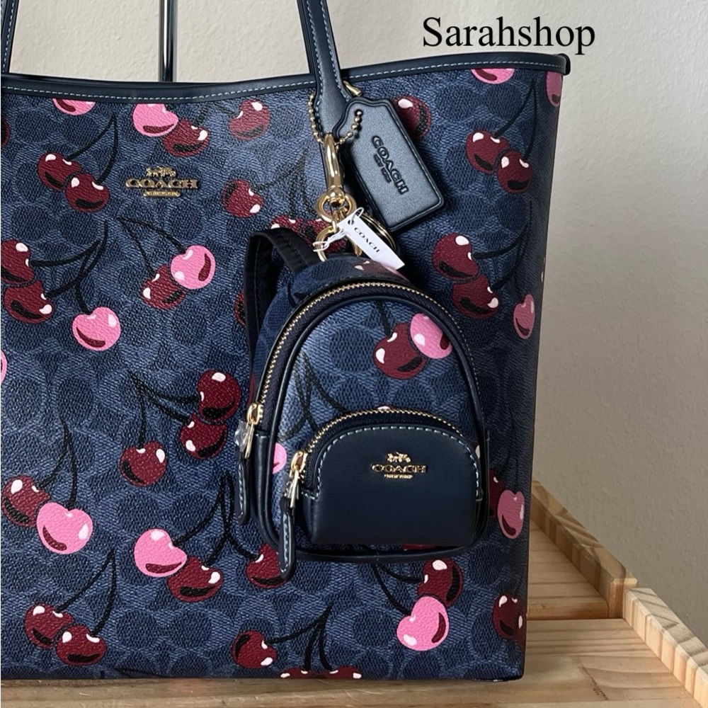 ✅Coach Mini Court Backpack Bag Charm In Signature Canvas With Cherry Print - Picture 2 of 8